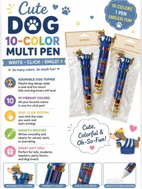 THREE CUTE 3D DOG 10 COLOR FUN CLICK INK PENS